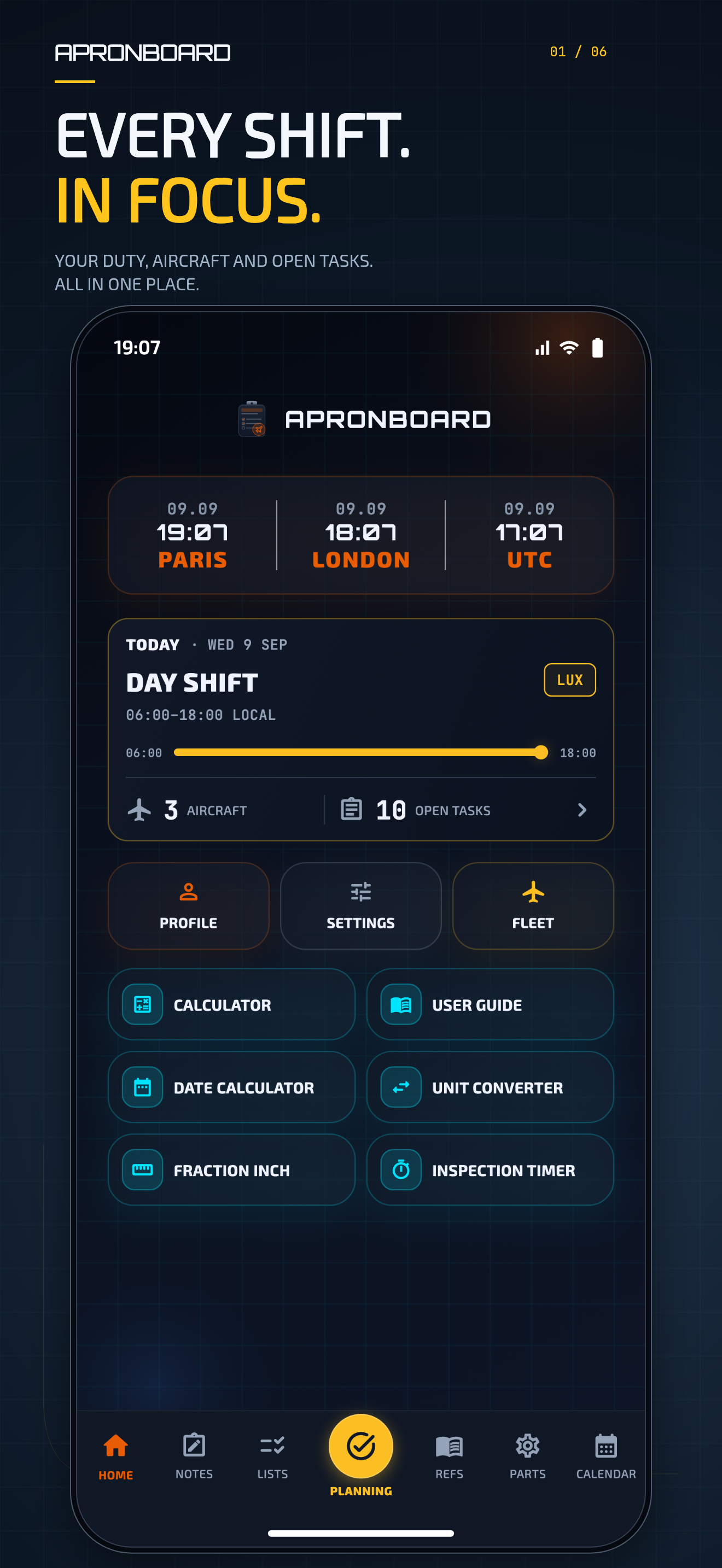 ApronBoard on iPhone showing a shift overview, aircraft count and open tasks